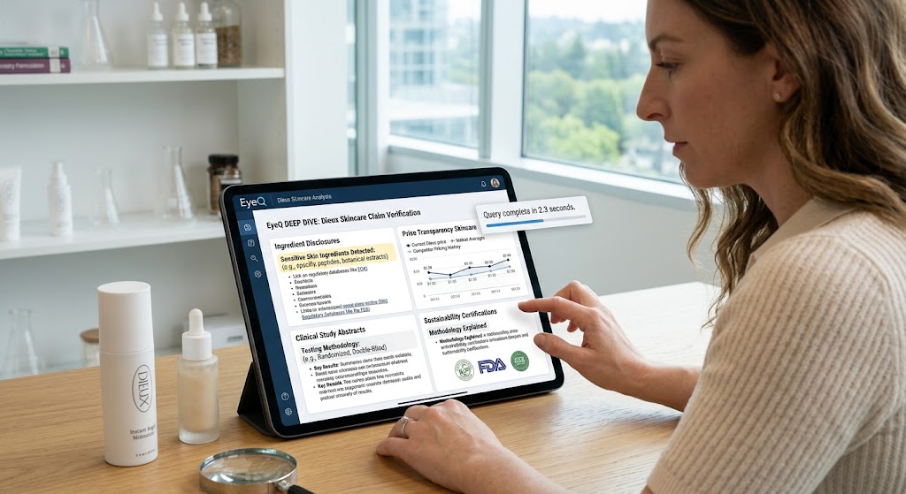 Woman analyzes skincare on tablet using EyeQ; screen shows data panels for ingredients, clinical data, and price.