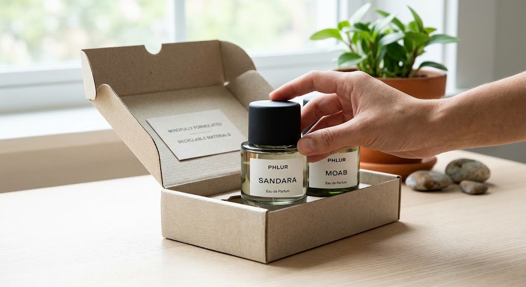 A hand places a minimalist Phlur fragrance bottle into recyclable cardboard packaging next to a potted green plant.