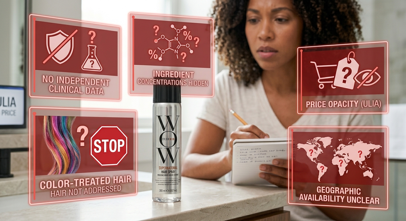 A woman takes notes while holographic red flags with question marks highlight missing info for a "WOW" hair spray bottle.
