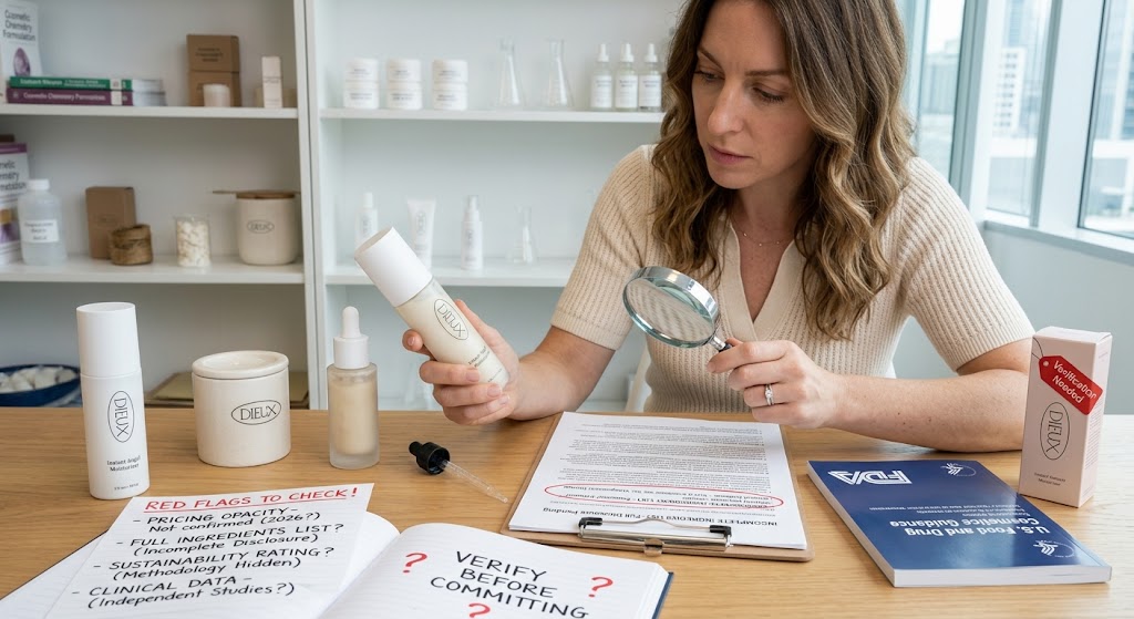 Woman examining skincare bottle label with a magnifying glass alongside red flag notes and an FDA guide document.