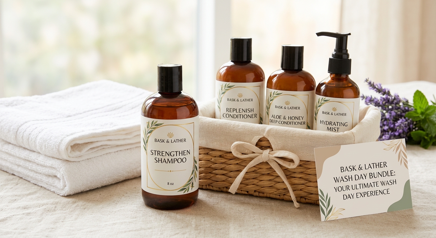Woven basket with "Bask & Lather" wash day hair products: shampoo, conditioners, mist, with white towels and lavender.