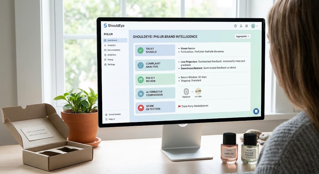 A person views the ShouldEye Phlur Brand Intelligence dashboard on a monitor next to a plant and perfume bottles.