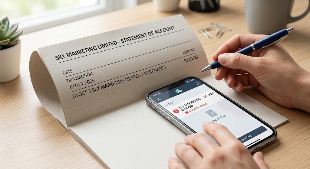 A close-up photograph of a person reviewing a paper bank statement and matching it with a phone showing "UNCATEGORIZED."