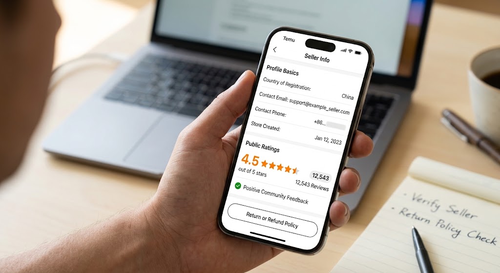 A hand holding a smartphone showing a seller profile page with registration details, star ratings, and policy links.