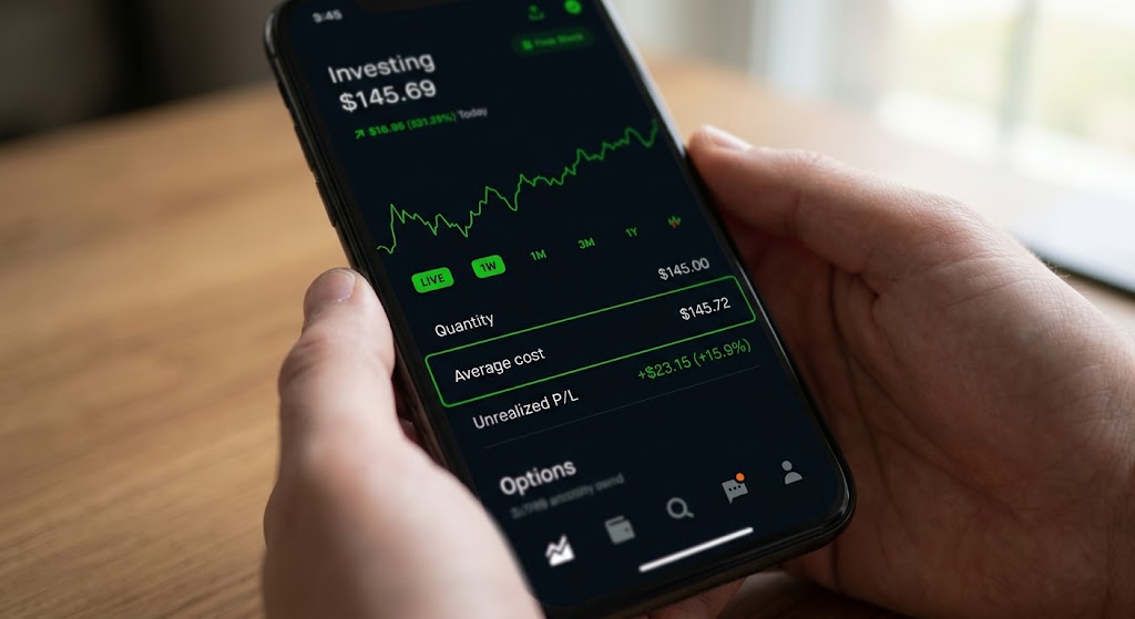 Person holding smartphone displaying a stock trading application interface highlighting the Average Cost metric line.
