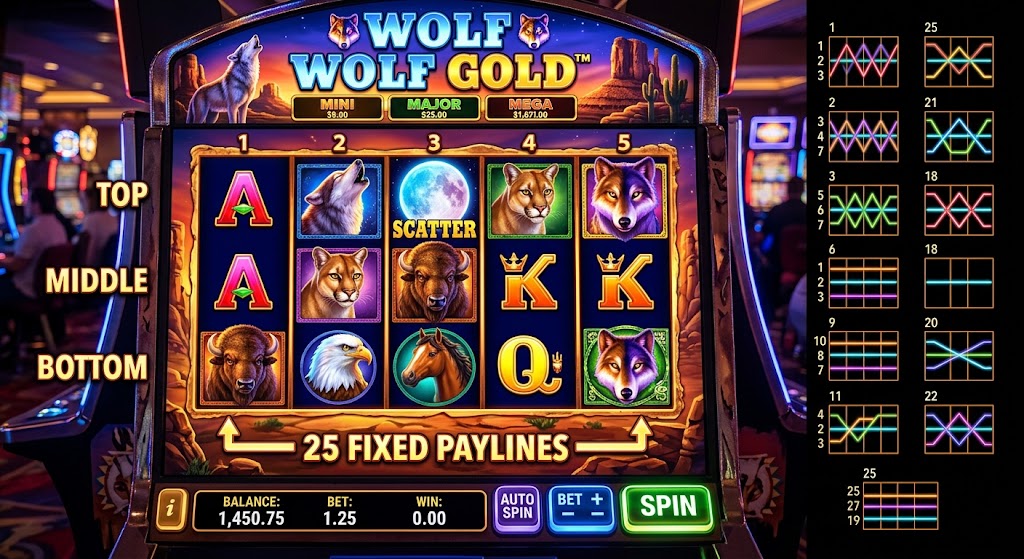 A 3x5 reel Wolf Gold slot machine interface displaying 25 fixed paylines with wolf, buffalo, and eagle symbols.
