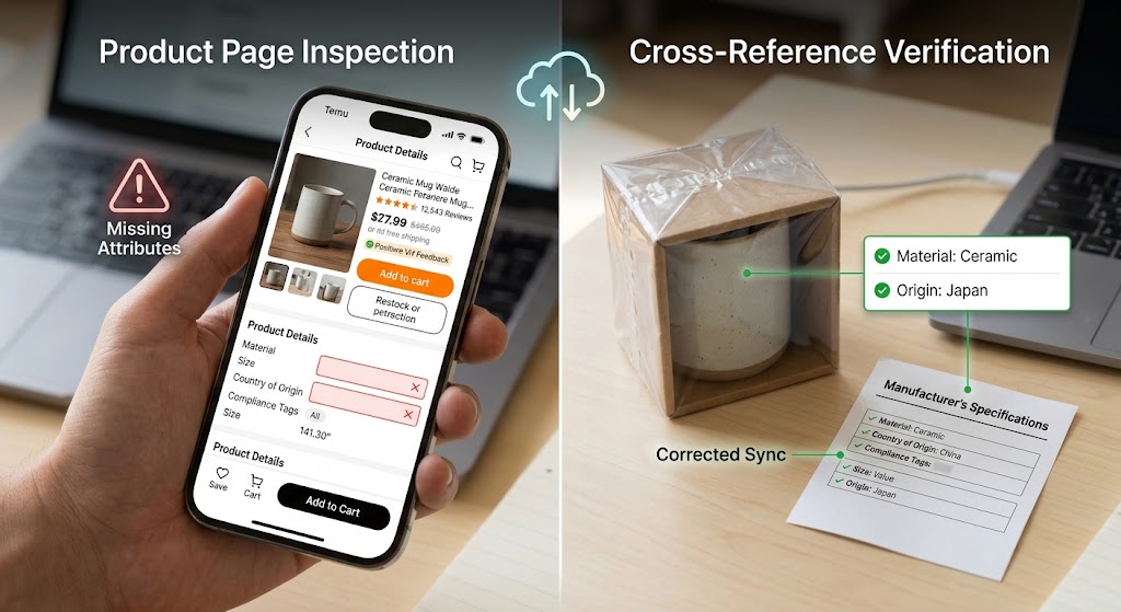 A smartphone displaying a product page with missing attributes next to a packaged item and a spec sheet for verification.