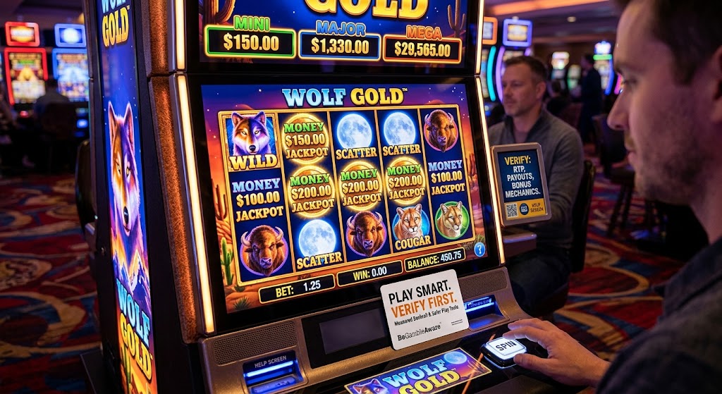 Player in a casino viewing a Wolf Gold slot screen featuring a Play Smart Verify First sign and BeGambleAware details.