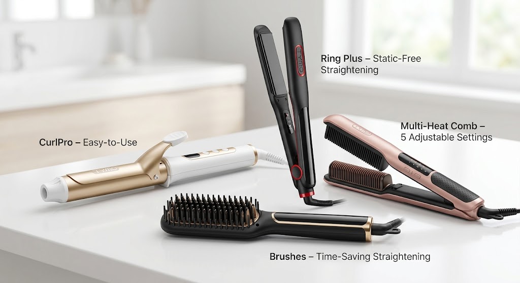 Four TYMO hair styling tools arranged on a counter: CurlPro curling iron, Ring Plus straightener, comb, and brush.