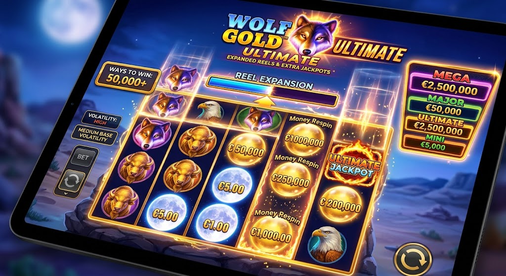 Wolf Gold Ultimate slot machine interface on a tablet screen showing expanded reels, money respin symbols, and jackpots.