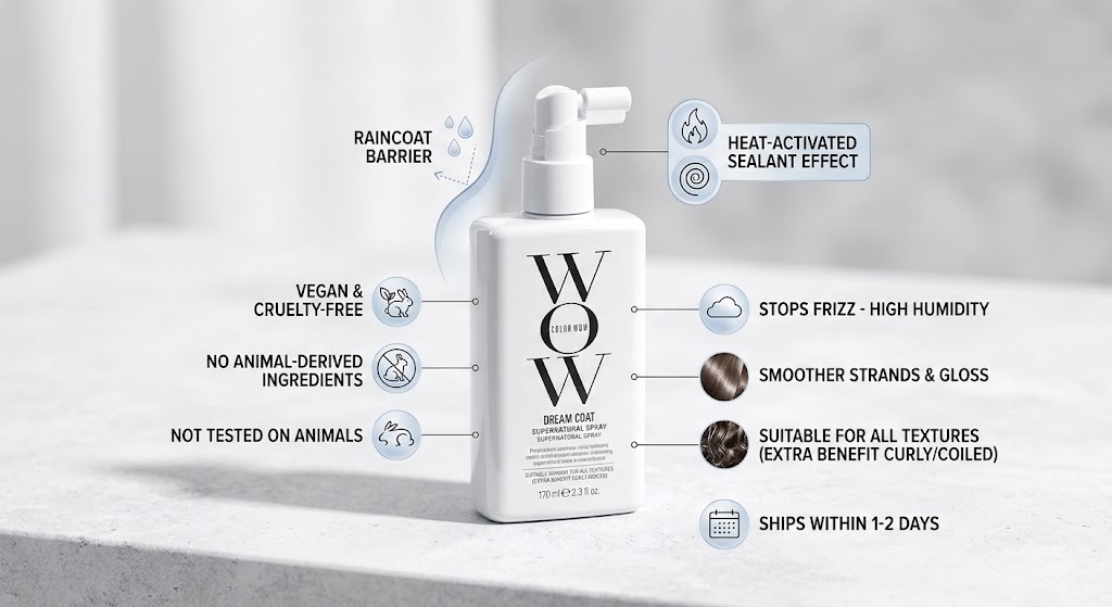 A bottle of "Color Wow Dream Coat Supernatural Spray" with callout icons highlighting product benefits and features.