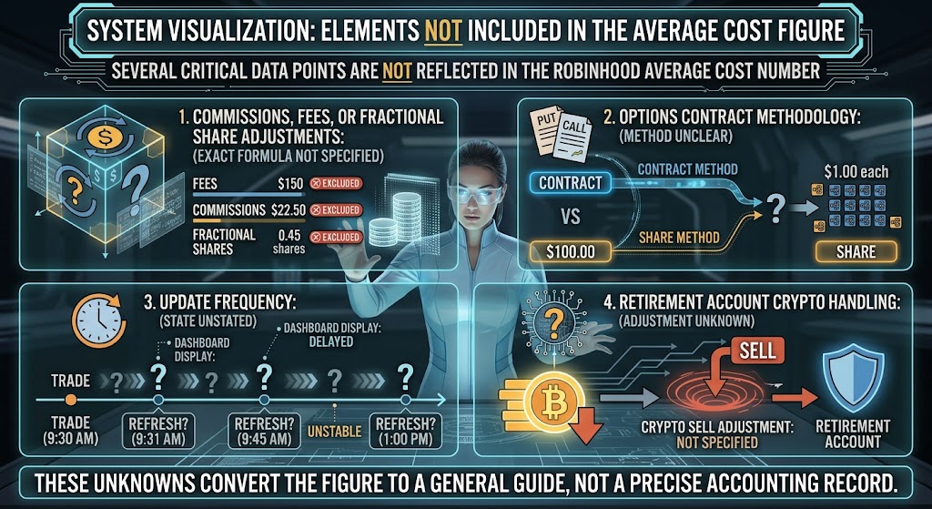 A modern holographic infographic displaying four unknown factors affecting Robinhood's average cost calculation.