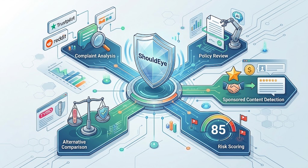 Infographic detailing ShouldEye's trust verification features: complaint analysis, policy review, and risk scoring.