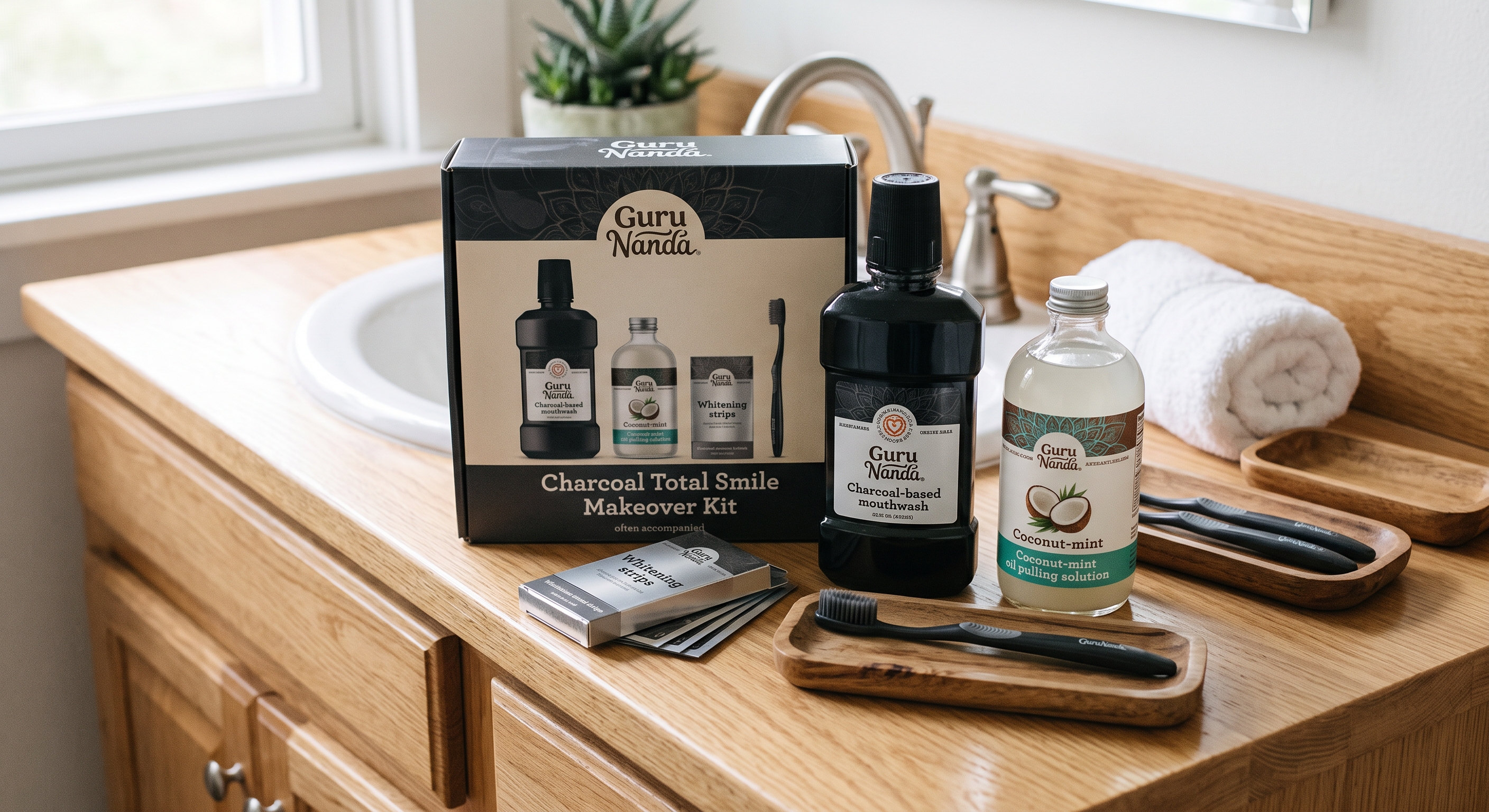 GuruNanda Charcoal Total Smile Makeover Kit featuring dark mouthwash, coconut oil pulling, whitening strips, and toothbrush.