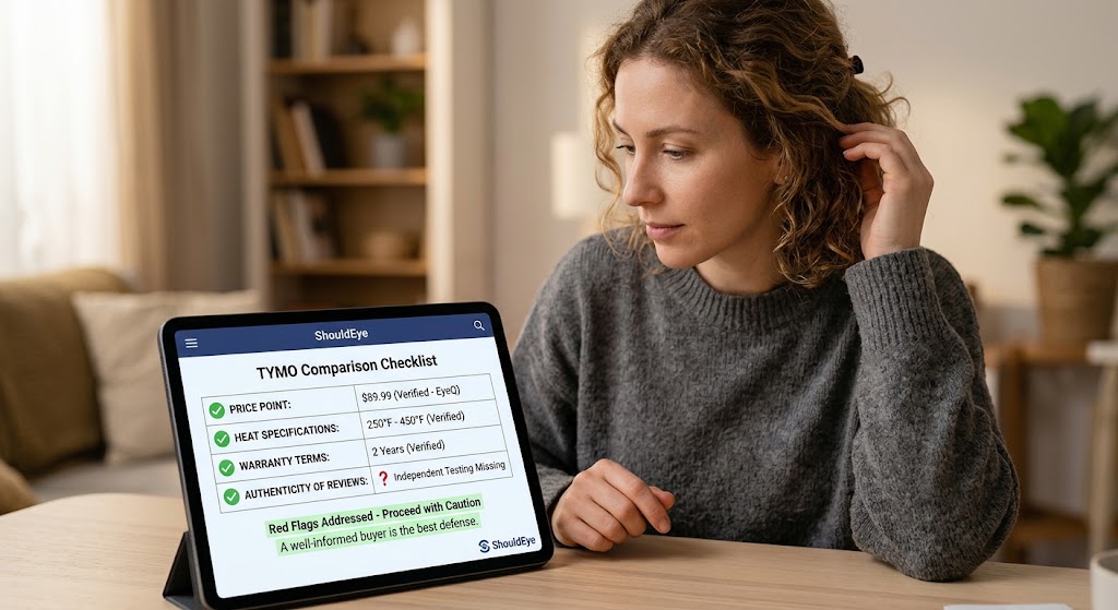 A woman reviews a ShouldEye comparison checklist on a tablet screen before buying a hair styling tool.