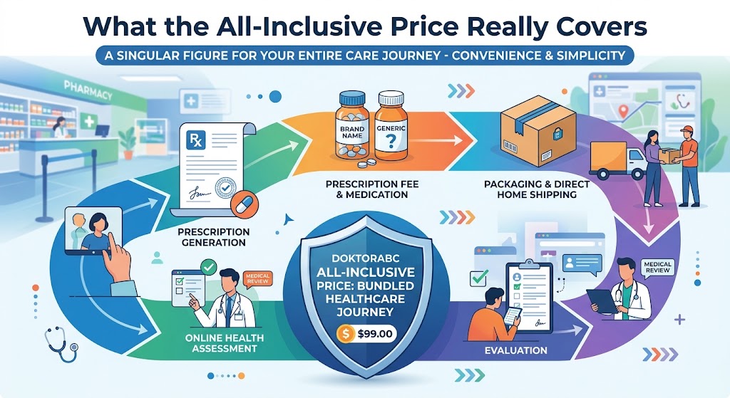 Infographic outlining DoktorABC's all-inclusive price journey: online assessment, prescription, medication, and shipping.
