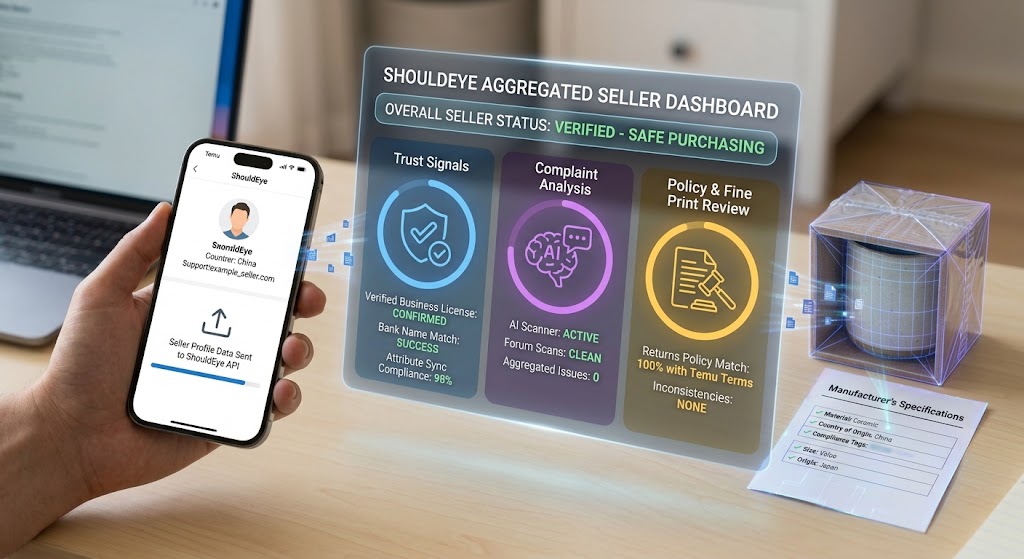 How ShouldEye Helps You Check This ShouldEye aggregates three core e-commerce trust signals that make the verification process faster and more reliable: Trust Signals: We pull verified business registration data, bank name matches, and attribute sync compliance scores for each seller. Complaint Analysis: Our AI scans forums, complaint boards, and consumer review sites to surface recurring issues tied to a specific seller. Policy & Fine Print Review: ShouldEye compares a seller’s posted return policy against Temu’s official terms, flagging any inconsistencies. By feeding this information into a single dashboard, you can see at a glance whether a seller meets the baseline standards for safe purchasing.