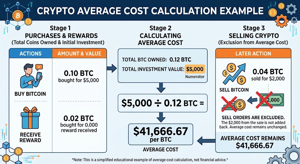 Infographic breaking down a crypto average cost math example step-by-step: buying, rewards, and sales exclusions.