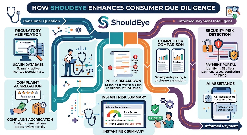 An infographic illustrating how ShouldEye helps consumers vet telehealth platforms using data analysis and AI assistance.