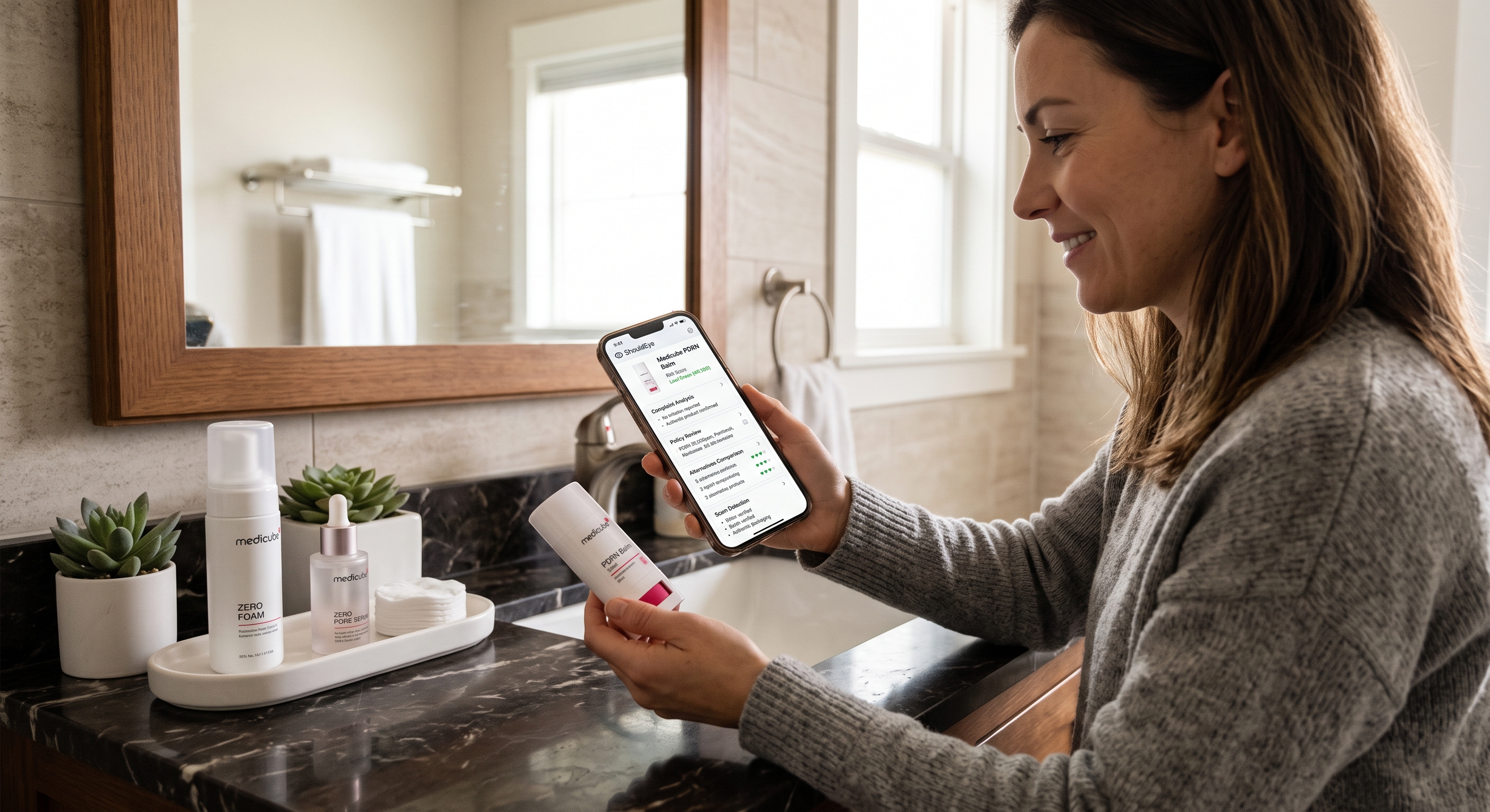 Woman in a bathroom holding a skincare balm stick while checking trust and ingredient ratings on a smartphone app.