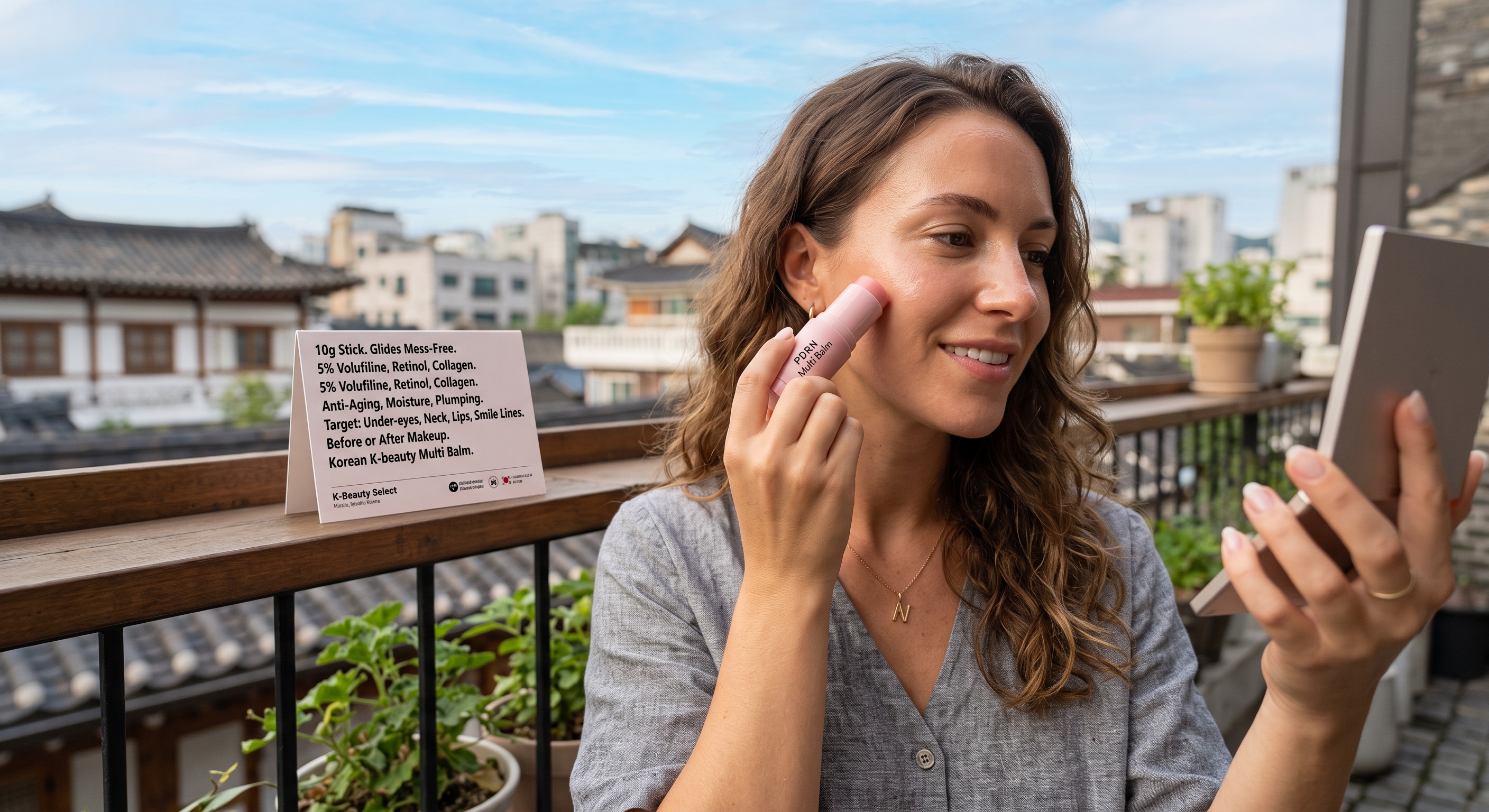 Woman applying a pink collagen multi balm stick to her cheek while looking in a compact mirror outdoors.