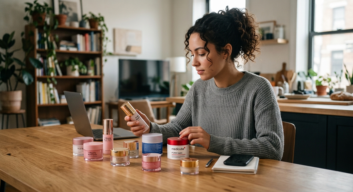 A woman with curly hair examines a skincare bottle at a wooden table with other cosmetics in a plant-filled room.