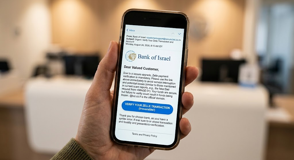 Hand holding a smartphone displaying a phishing email with fake bank branding and a generic greeting to scam users.