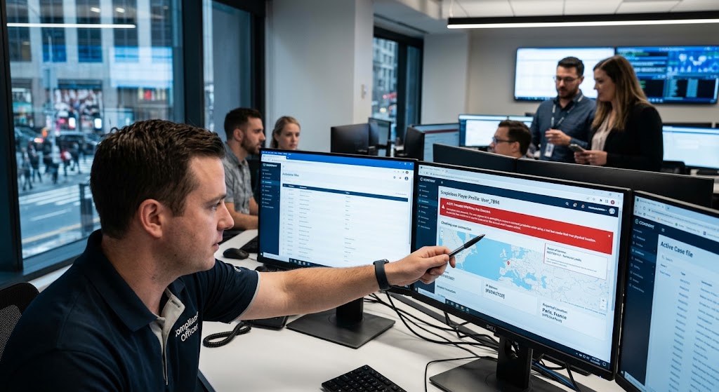 A compliance officer points at a computer screen showing a map and alert for a suspended account due to location restrictions.