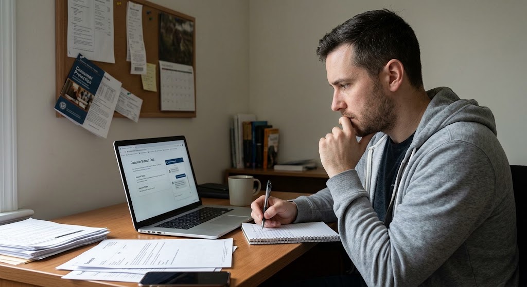 Man sitting at desk reviewing documents and looking at a laptop displaying a support portal, taking notes carefully.