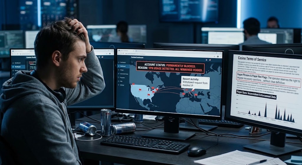 Frustrated user looks at monitors showing a blocked account notice for VPN usage and highlighted casino terms of service.