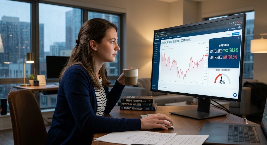 Woman sitting at a desk looking at a computer screen showing a prediction market contract priced at $0.45 or 45% probability.