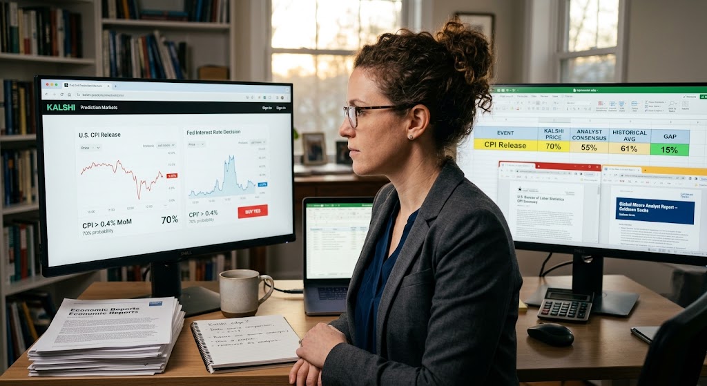 Financial analyst at a desk comparing Kalshi prediction market odds with economic reports and data models on dual monitors.
