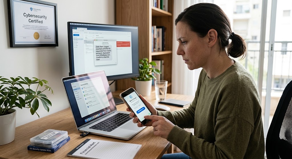 Person at desk approving a two factor authentication security prompt on smartphone to protect online banking account credentials.