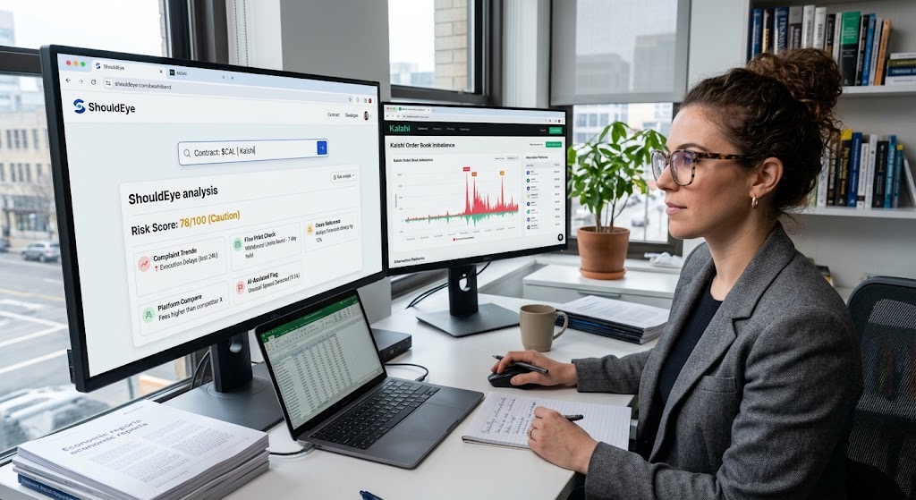 Analyst at a desk using ShouldEye risk analysis software and reviewing Kalshi order book data on dual monitors.