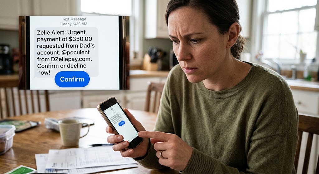 Woman looks concerned at a smartphone screen displaying a fake urgent Zelle payment request text message from a scammer.