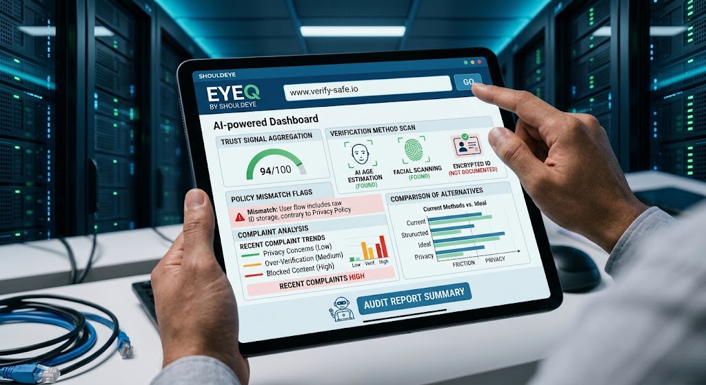 A tablet displays the EyeQ dashboard from ShouldEye, scanning a URL to generate an automated compliance audit report.