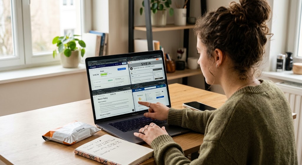 A person views a multi-part comparison of Shein and others on a laptop, with a "Trust Score" visible on the right panel.