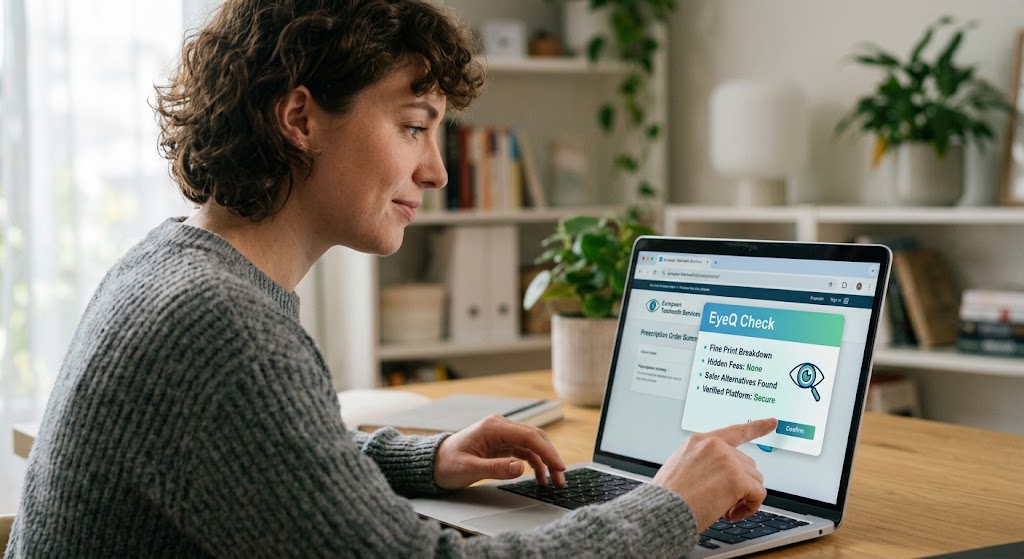 A woman uses a laptop displaying an EyeQ Check overlay with telehealth security details before clicking Confirm.