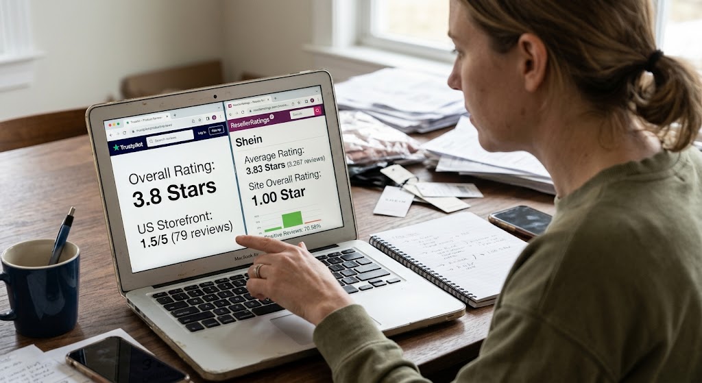 A person views Shein trust scores on a laptop screen featuring Trustpilot and ResellerRatings comparison data.