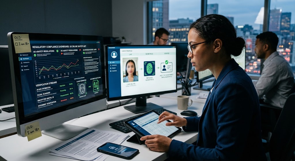 A compliance officer reviews online identity verification dashboards showing biometric checks, facial scanning, and data encryption.
