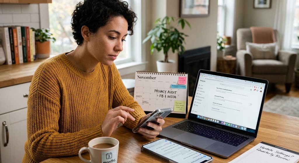 A woman at a desk uses a smartphone and laptop displaying privacy settings next to a calendar marked Privacy Audit.
