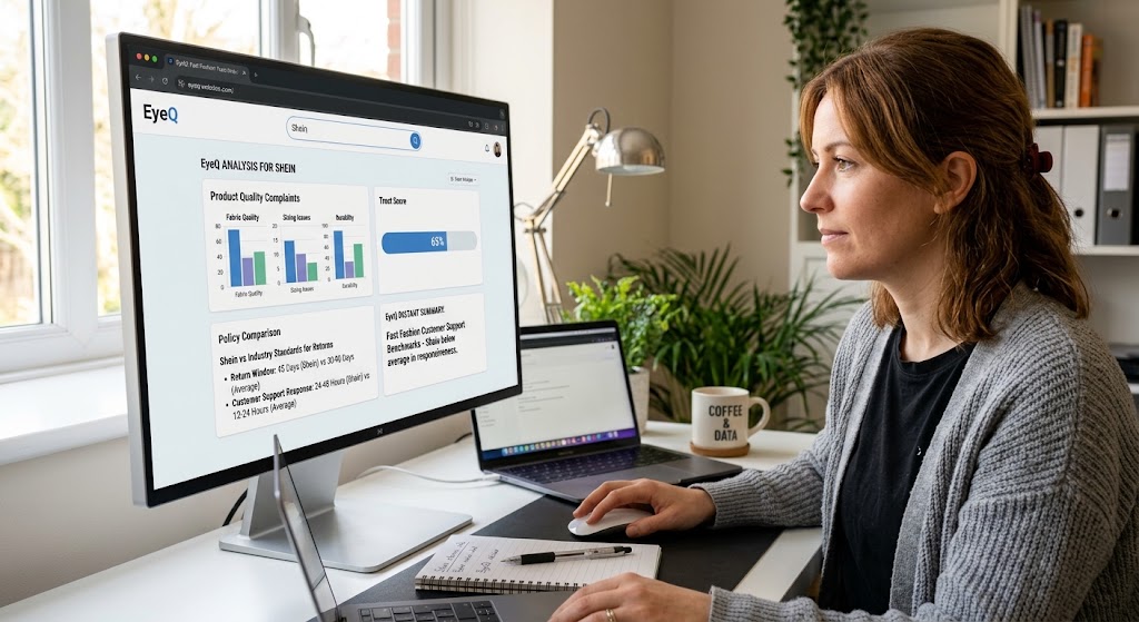 A woman at a desk views the EyeQ analytics dashboard on a monitor, analyzing Shein trust metrics and policy data.
