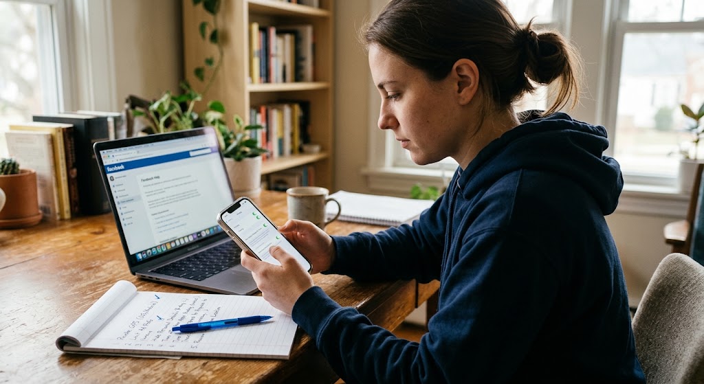 Woman adjusting phone privacy settings at a wooden desk with a laptop and a handwritten checklist notebook beside her.