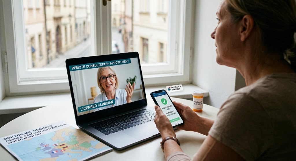Patient in online health consultation on laptop, holding smartphone with digital prescription and medication reminders.