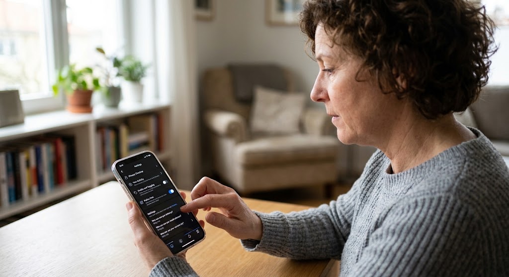 Woman sitting at a wooden table in a living room, adjusting the privacy settings on her smartphone screen.