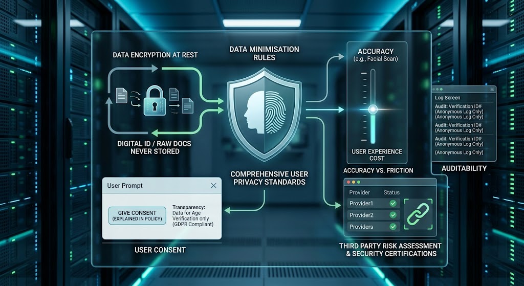Data privacy diagram showing encryption, user consent prompts, data minimisation rules, and secure audit logging.