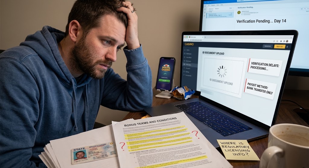Frustrated player looking at pending account verification, strict bonus terms, and bank-only payout red flags on laptop.