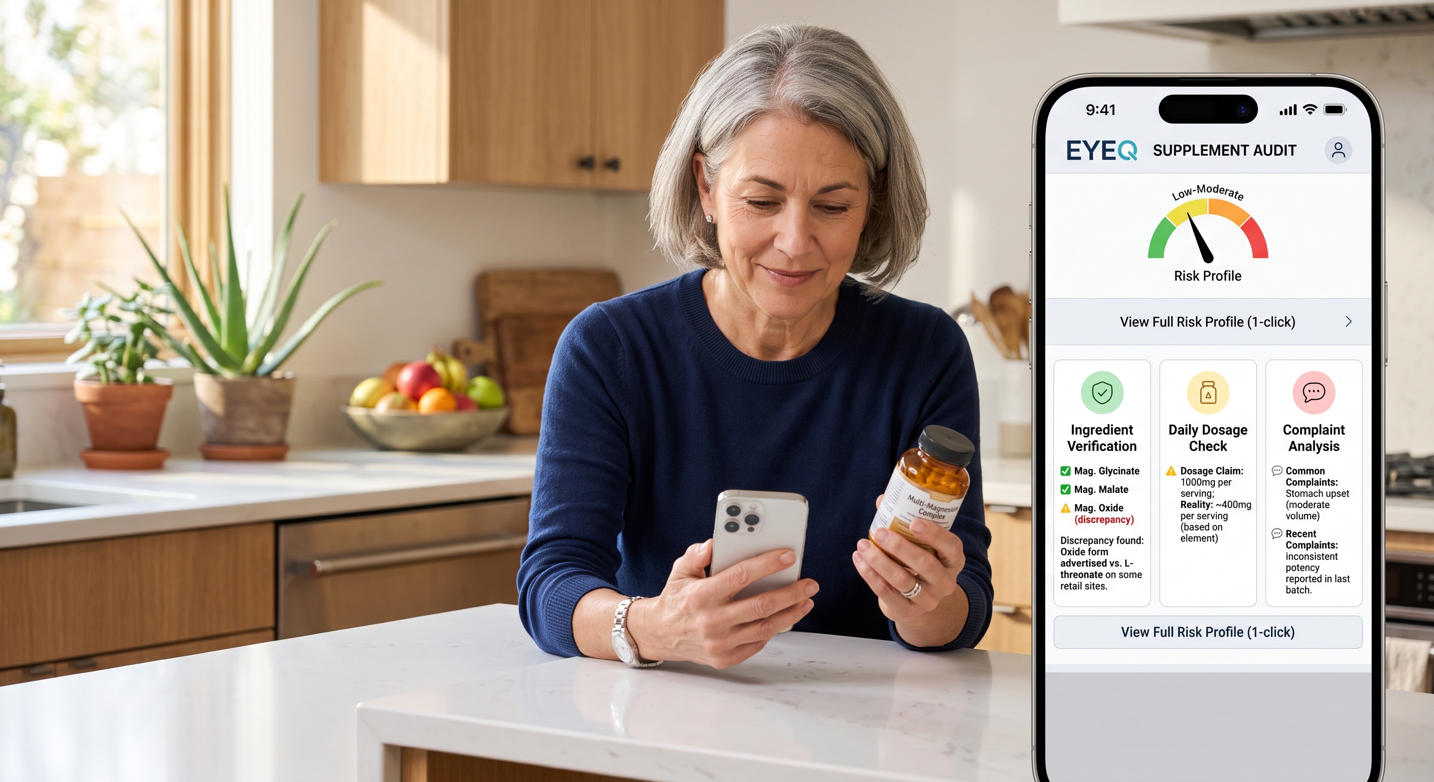 Woman using the EYEQ app on her phone to audit a supplement bottle in her kitchen. The app shows a low-moderate risk profile.