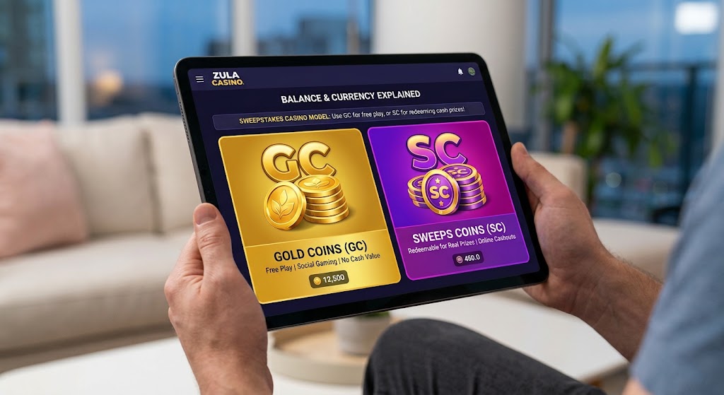 Tablet showing Zula Casino currency breakdown with Gold Coins for play and Sweeps Coins for cash prize redemption.