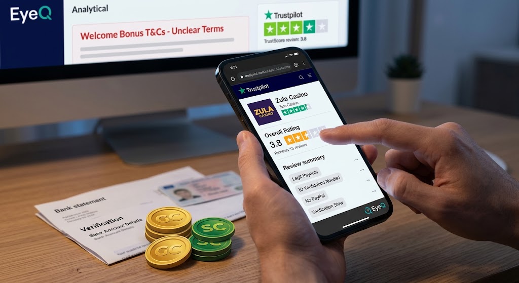 Player checking Zula Casino Trustpilot reviews on smartphone with EyeQ bonus analysis and verification docs on desk.